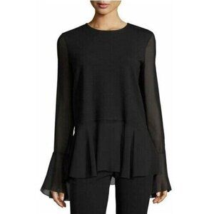 THEORY Lexanda Black Knit Sheer Silk Chiffon Bell Sleeve Peplum Blouse, Size S